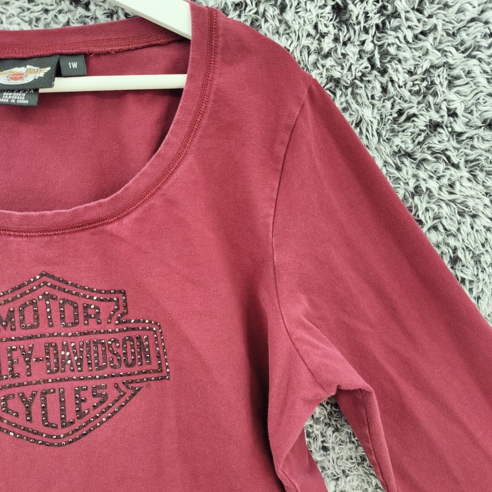 Harley-Davidson Womens Biker Rocker Top 1W Maroon Studded Logo Long Sleeve Tee - Picture 8 of 16